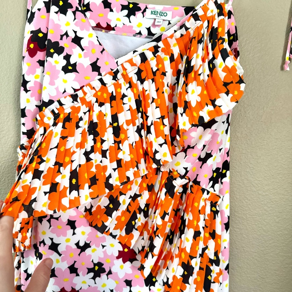 Kenzo Mixed Floral Print Ruffle Midi Slip Tank Dress Size 40 (8) Pink Orange - Picture 4 of 10